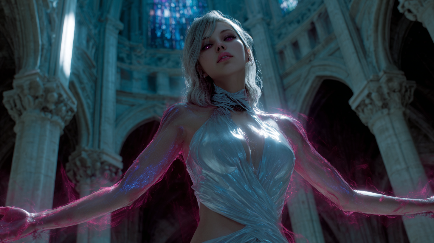 An android embodying the fusion of two voices into a third, powerful entity.